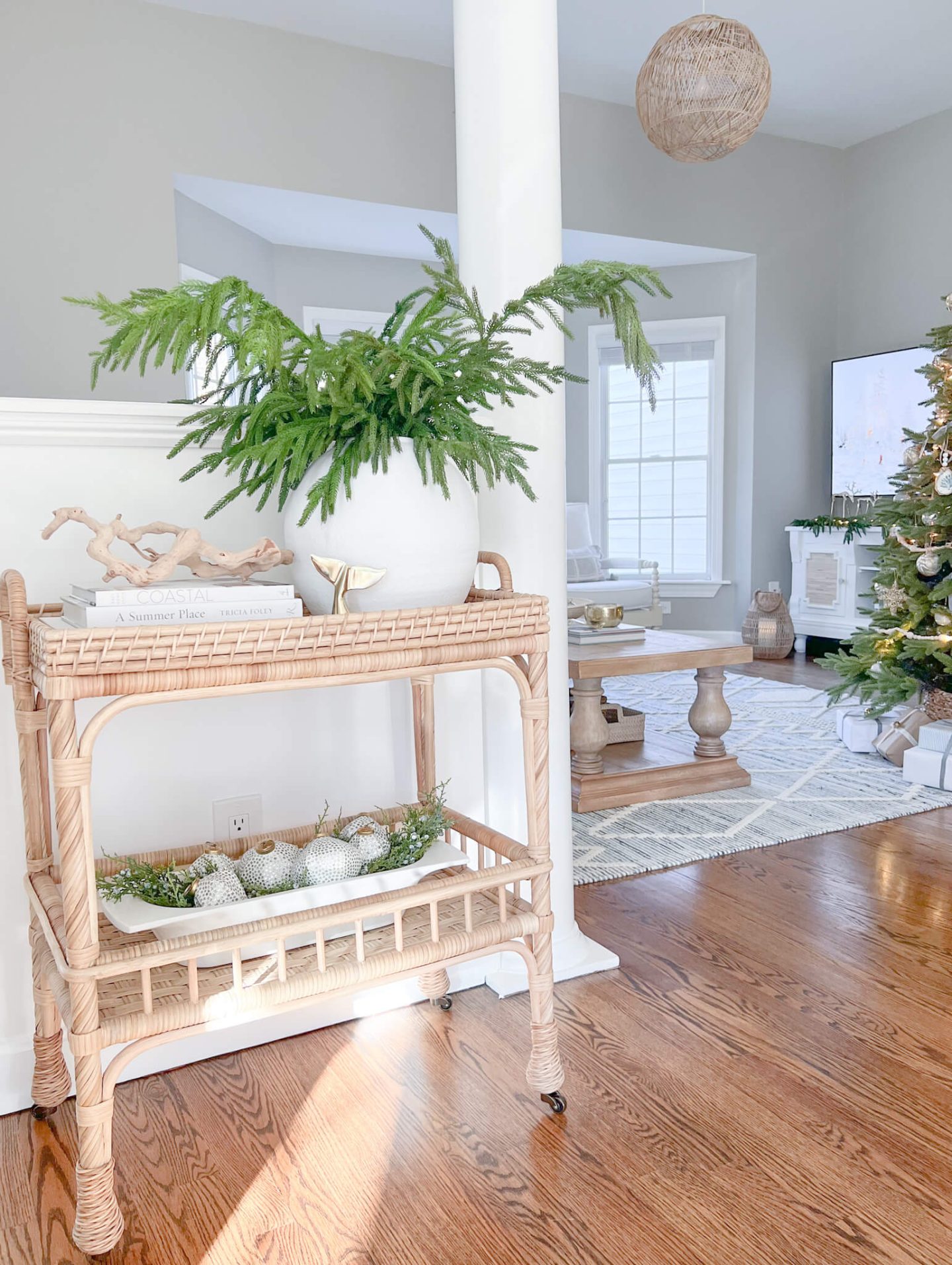 coastal christmas bar cart with greenery in a white pot