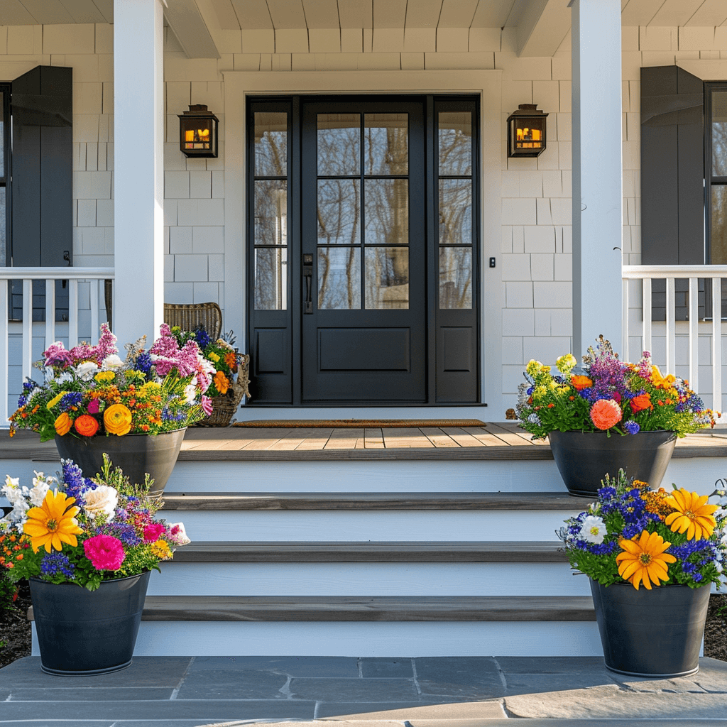 front porch with flowers in planters along the side steps