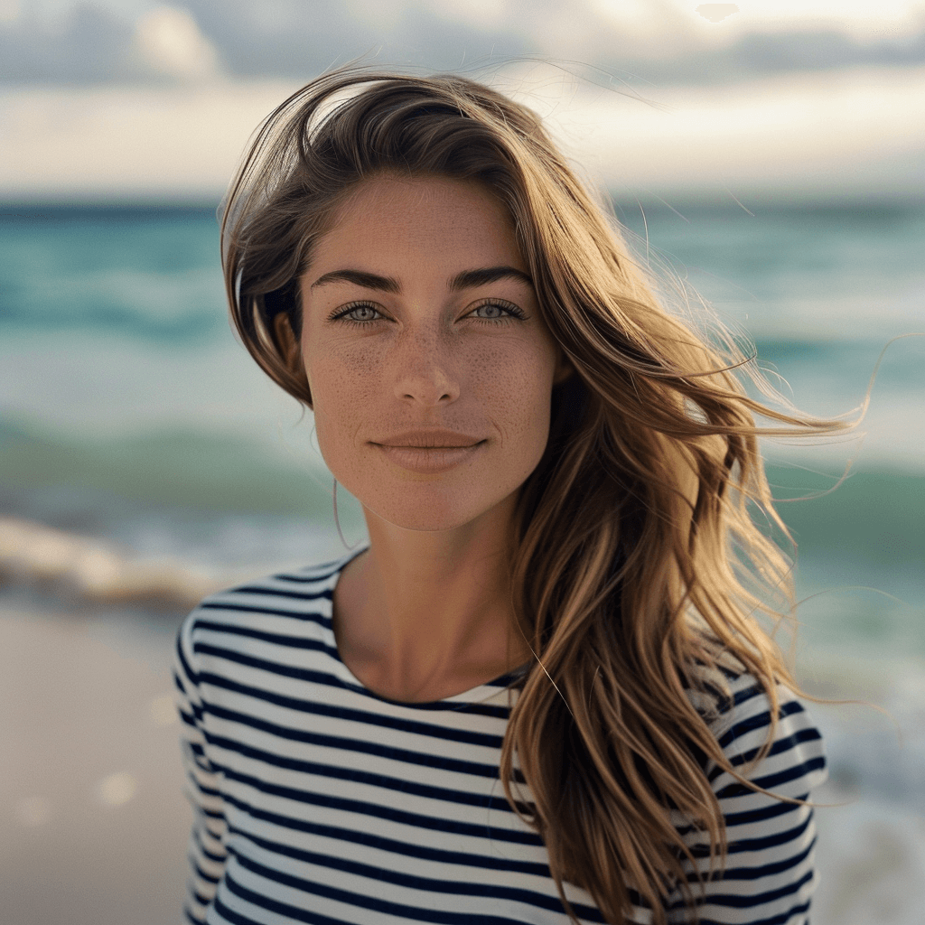 woman with brown hair in a navy and white striped shirt on the beach