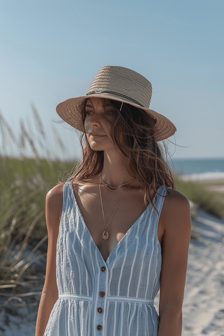 woman on the beach wearing a straw hat and a blue and white striped dress