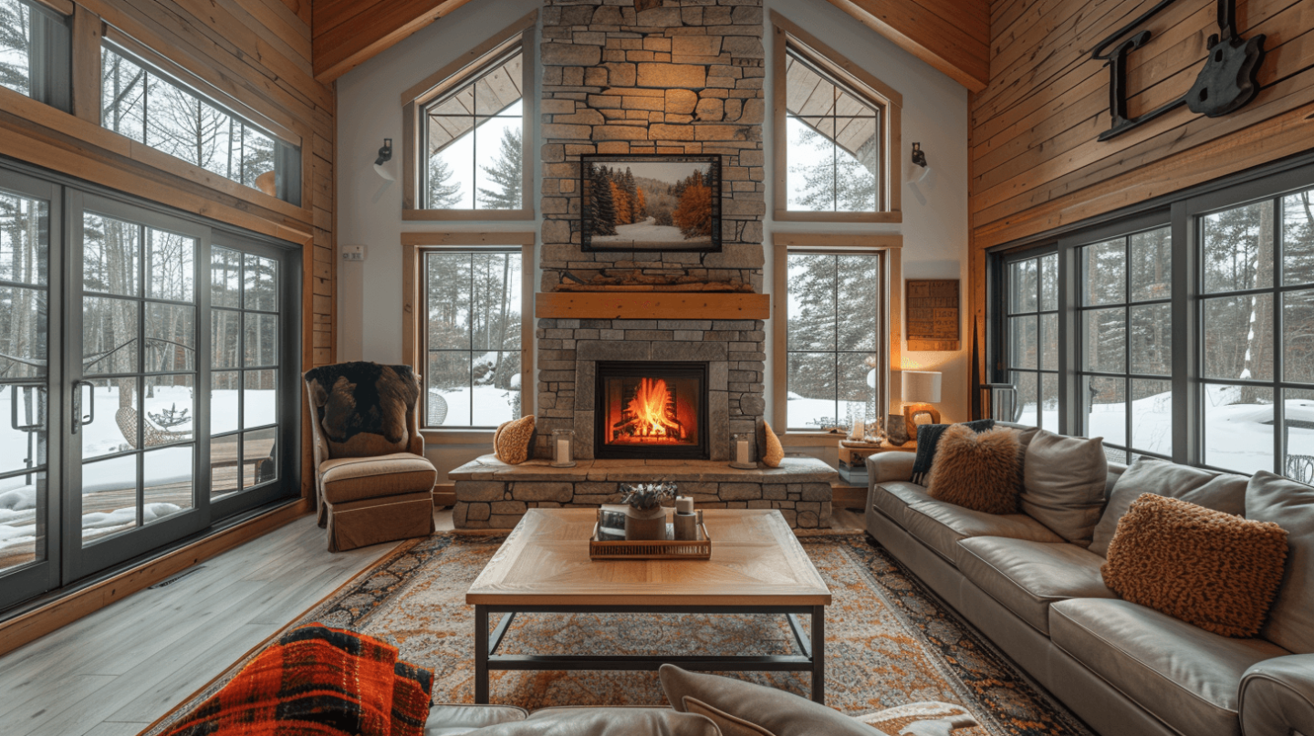 stone fireplace with two large windows beside it in a living room