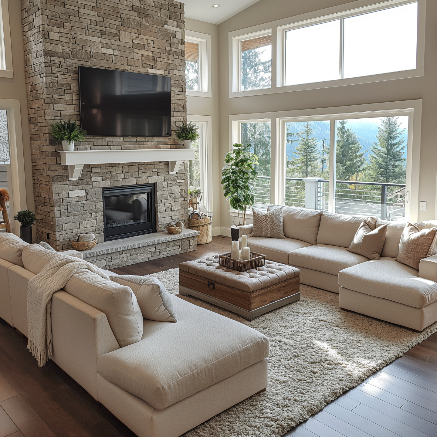 large open living room with stone fireplace and large sectionals