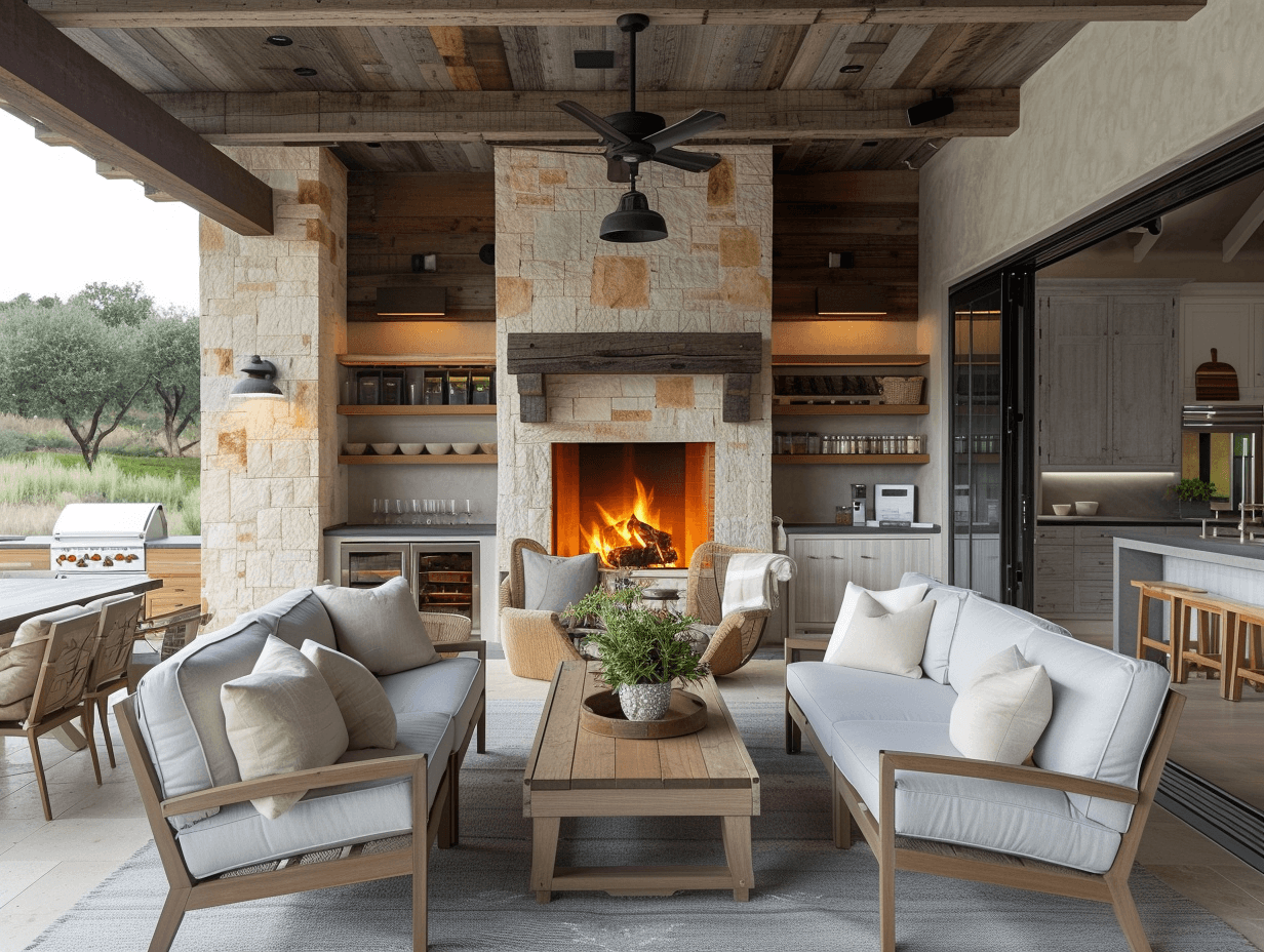 outdoor seating and bar area with stone fireplace
