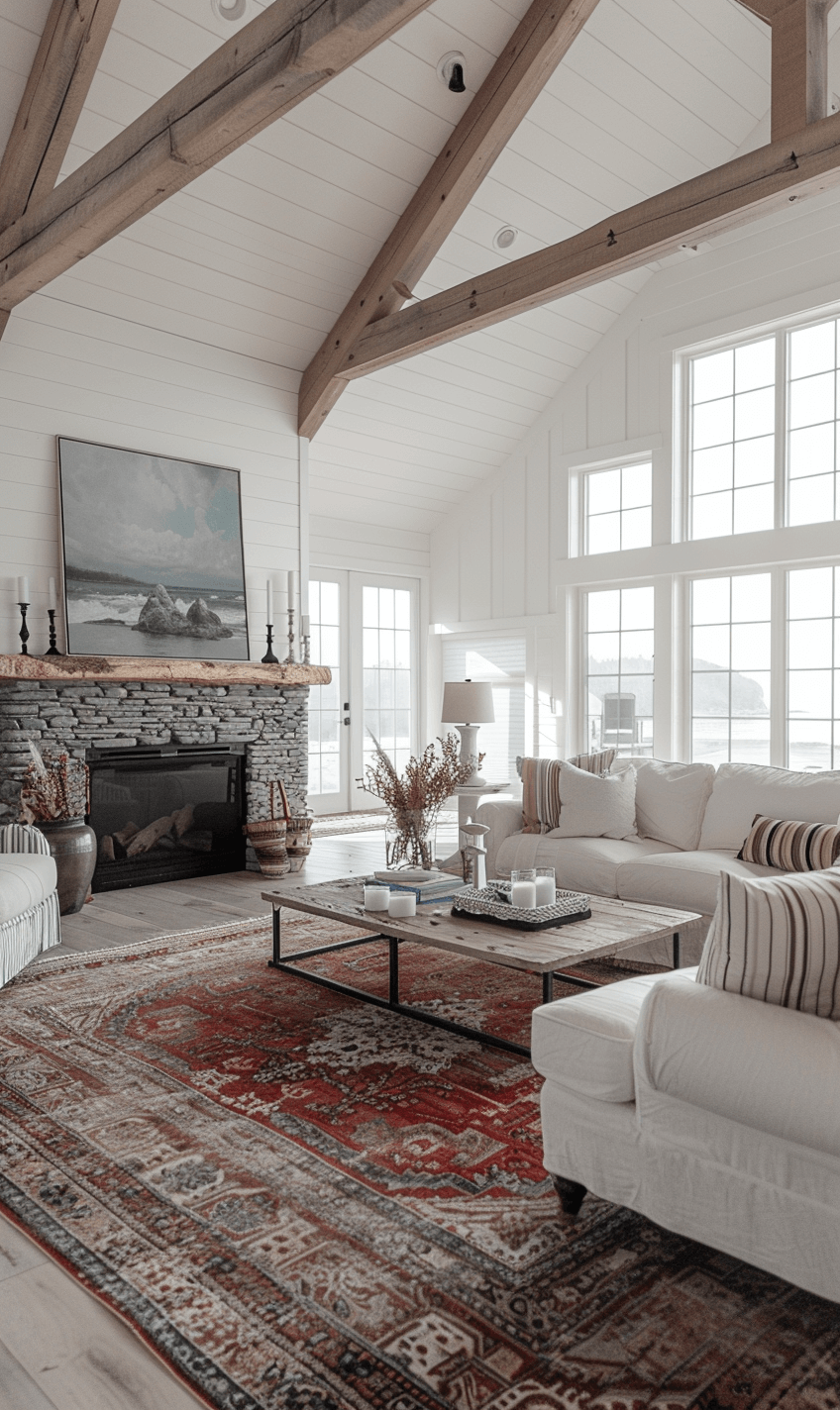 living room with shiplap walls, and a wood & metal coffee table 