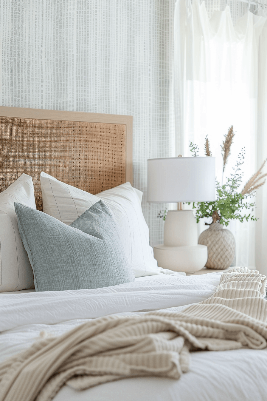 light blue and white striped wallpaper behind a rattan headboard in a bedroom