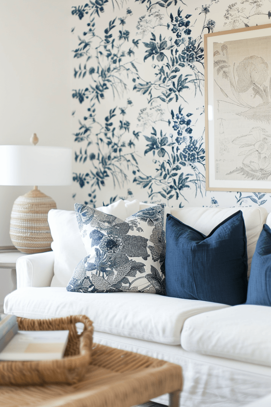 blue and white floral wallpaper in a living room with white sofa and navy pillows