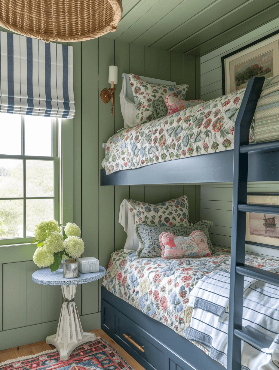 coastal cottage girls blue painted bunk beds with light green walls and rattan light fixture