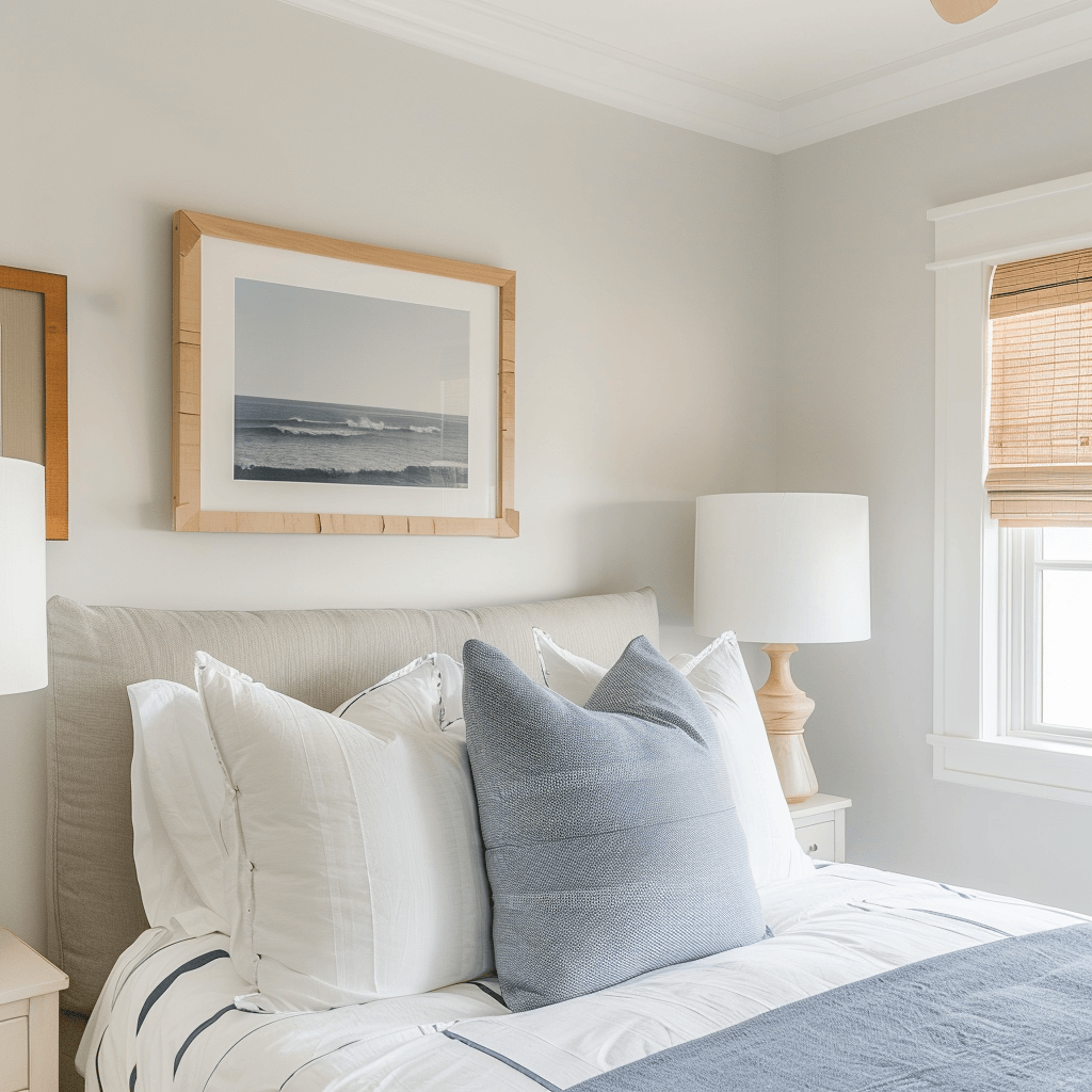 white and light blue bedding in a bedroom with a picture of the ocean above the bed