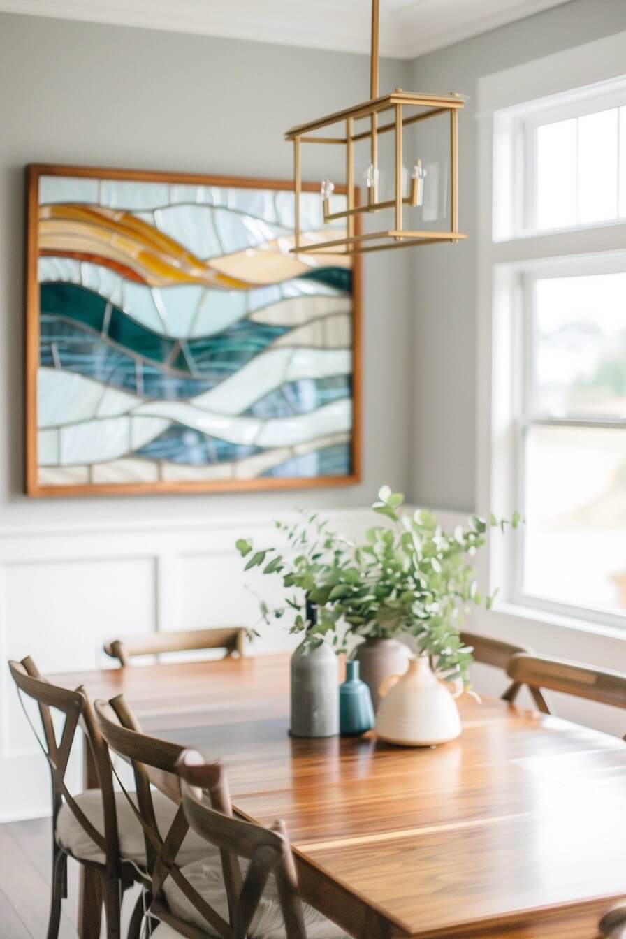 stained glass art hanging on wall in dining room