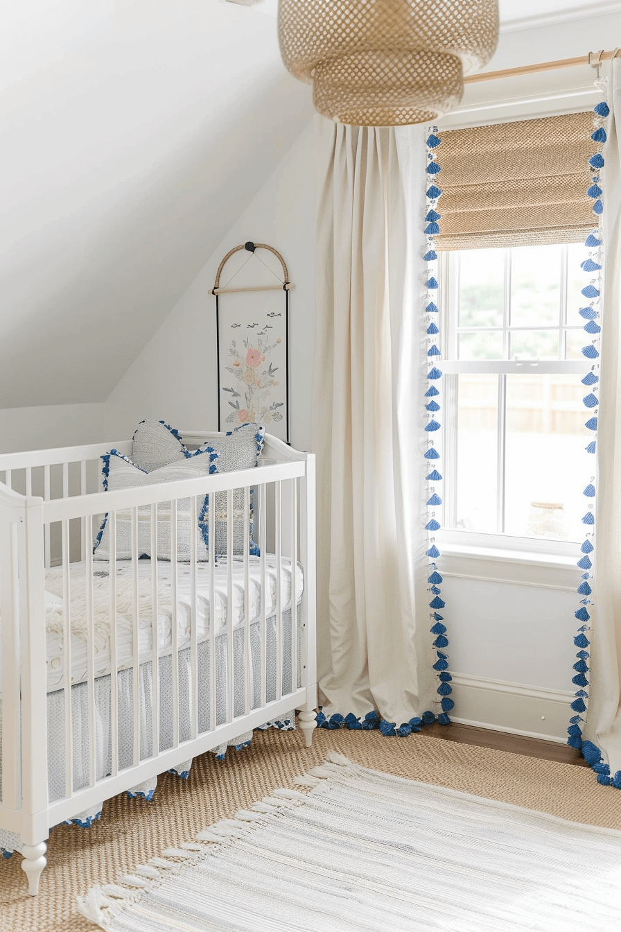 nursery with white walls and rattan wood shade with light colored curtains with blue pom trim
