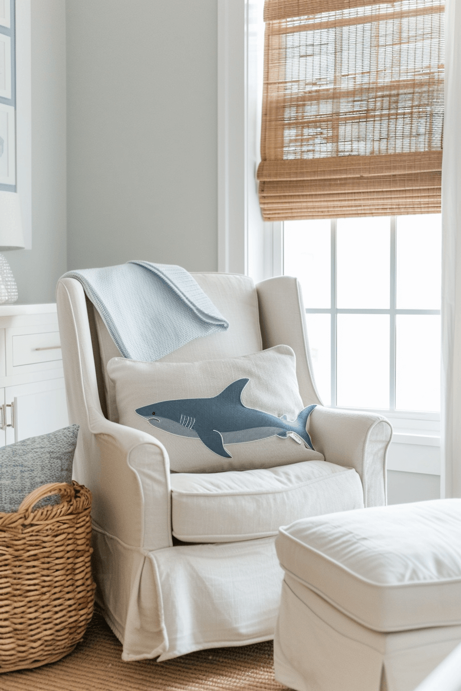 shark pillow in white nursery glider rocker