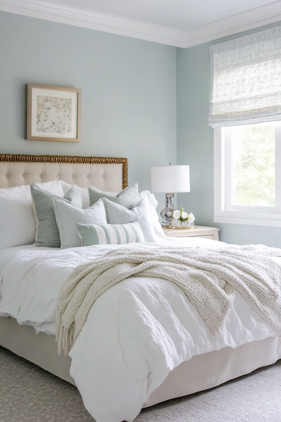bedroom painted with sherwin williams sea salt with white bedding on bed
