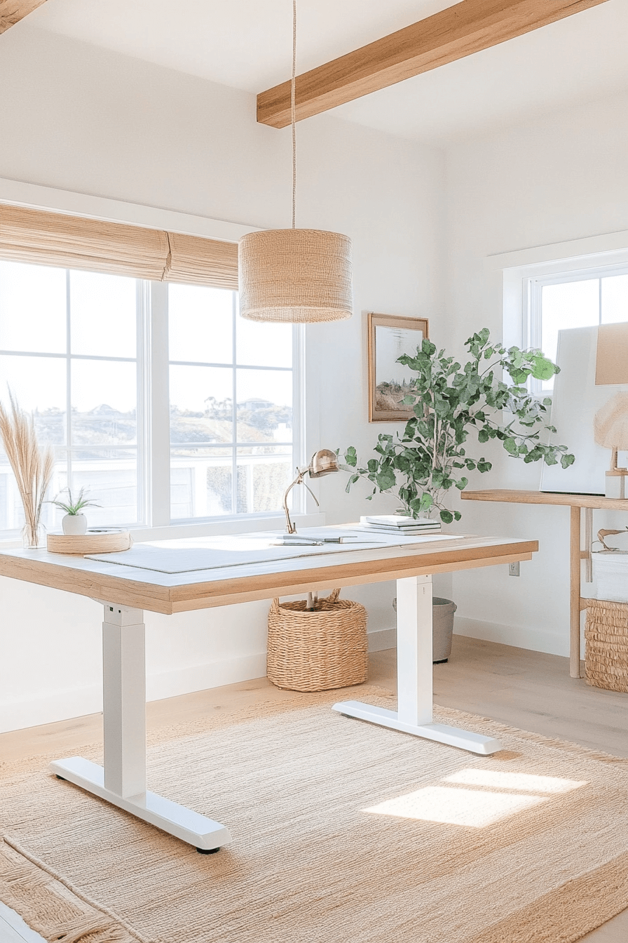 white and wood standing desk in home office