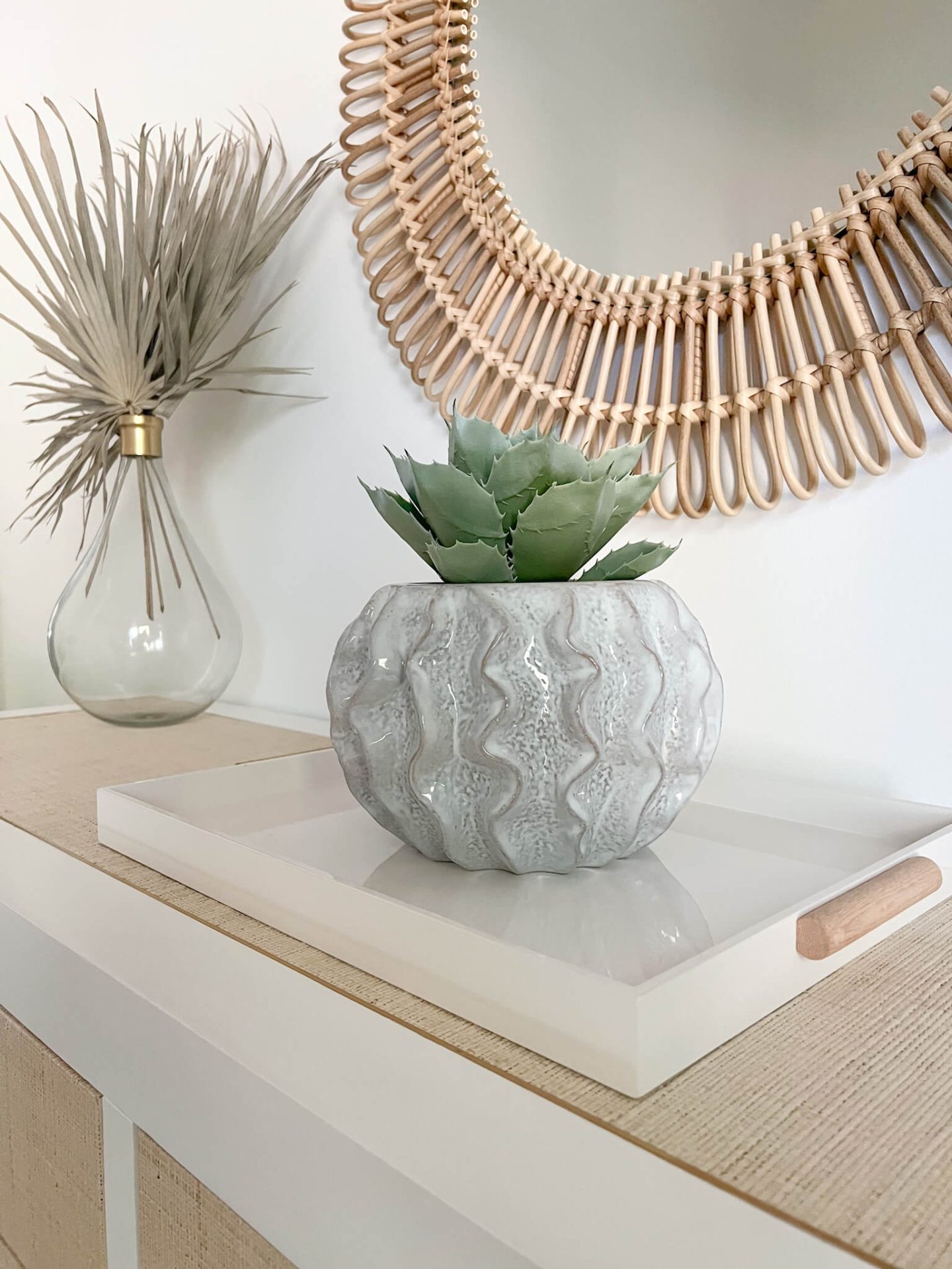 white rectangular tray on a dresser