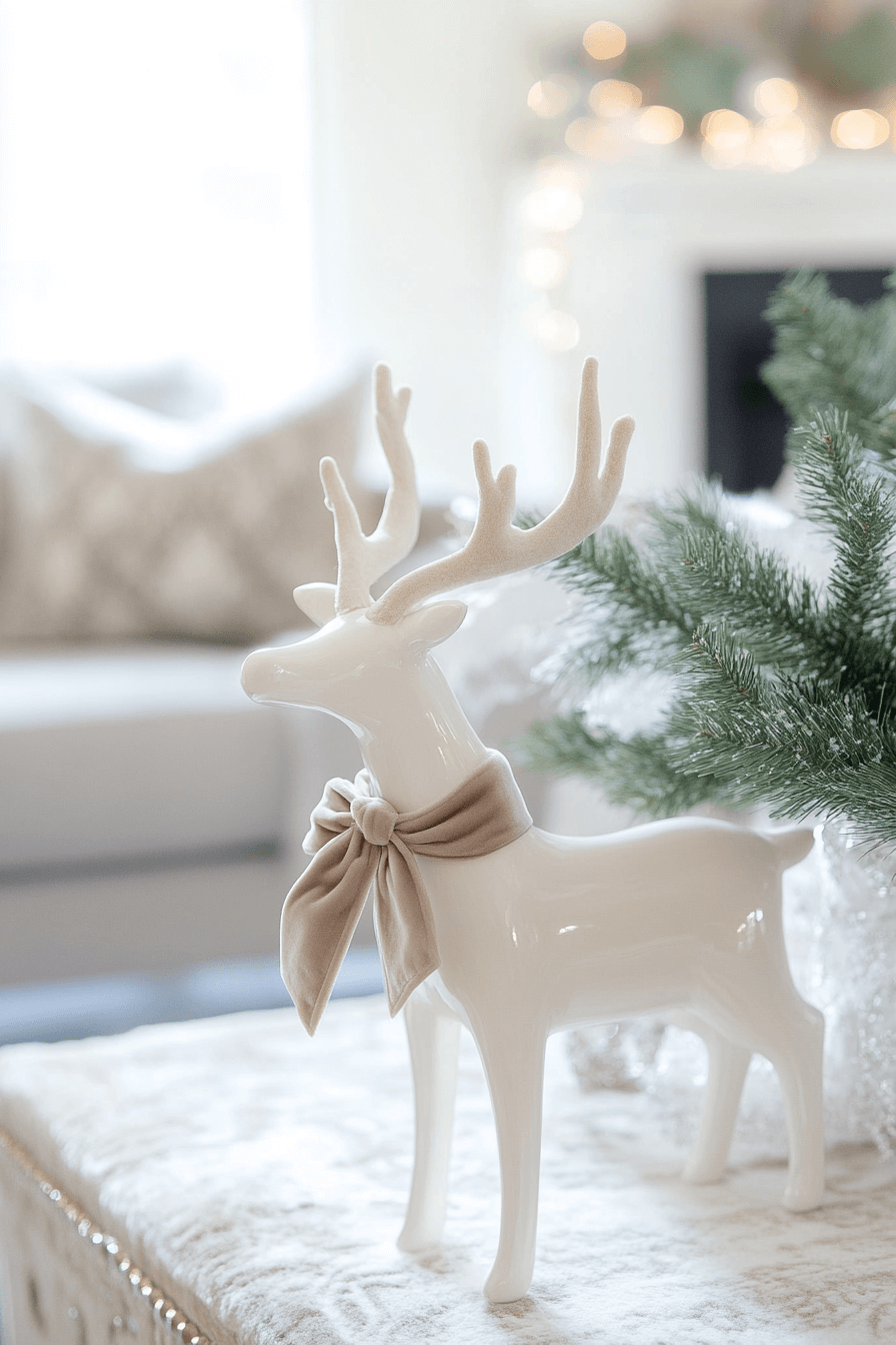 white ceramic reindeer with velvet bow