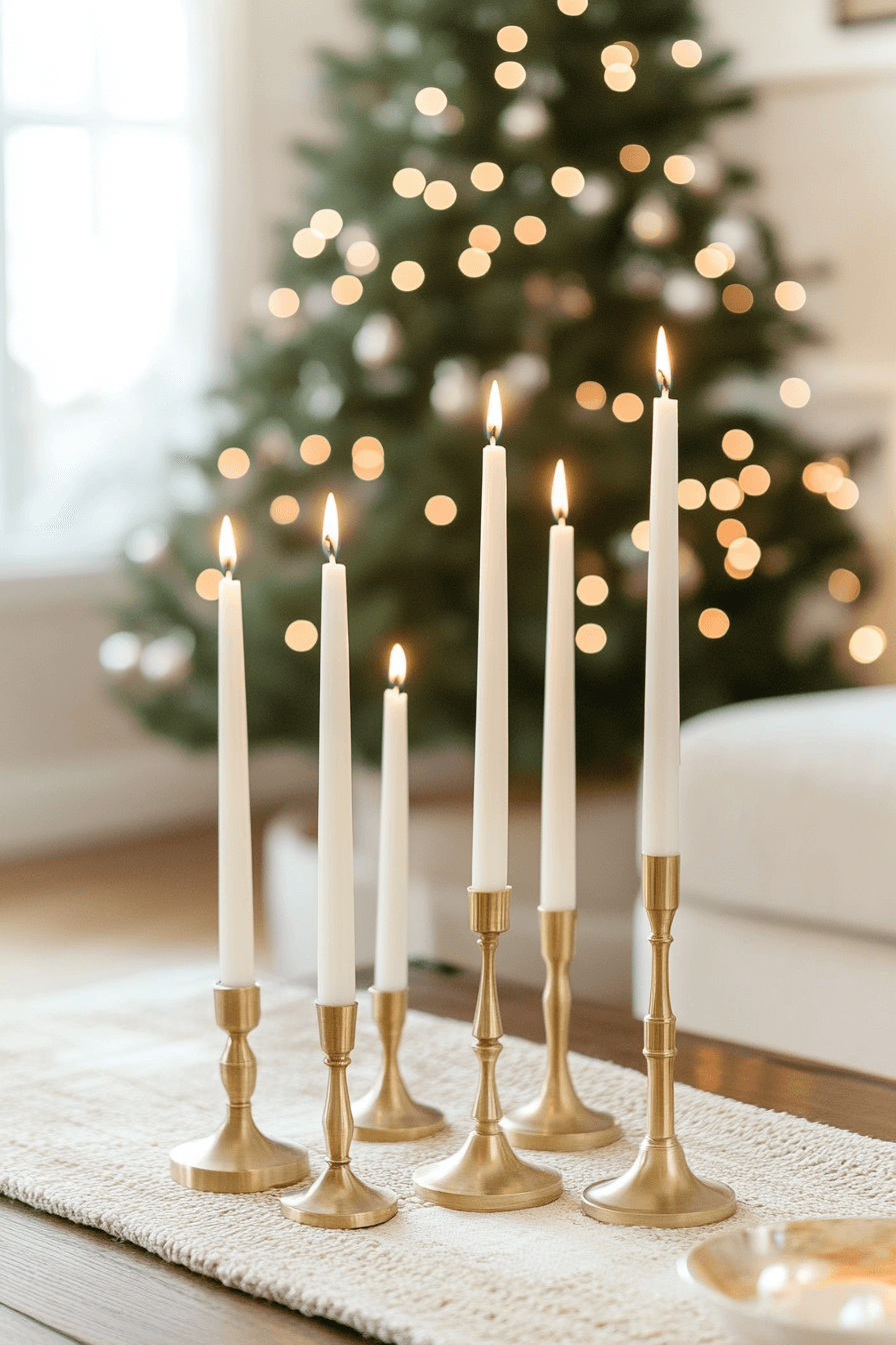 white tapered candles in brass holders on coffee table