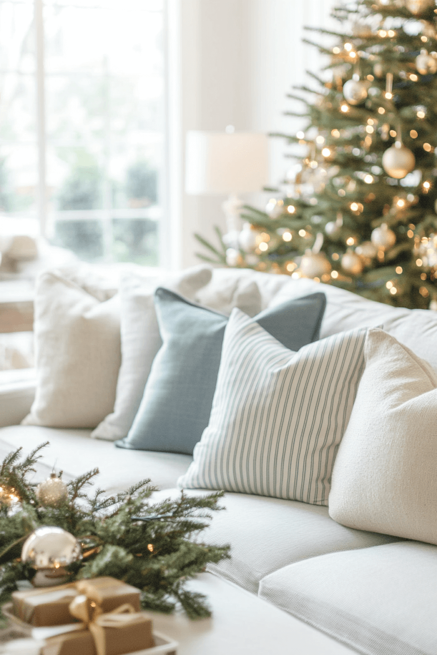 blue and white striped pillows on couch behind coffee table in living room decorated for christmas