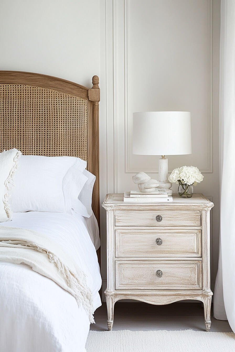 whitewashed wood bedside table in bedroom