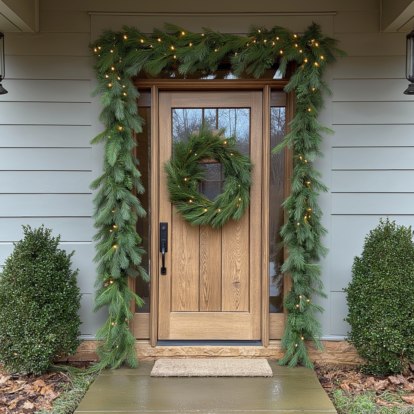 simple garland over the door frame & a pine wreath on a front porch