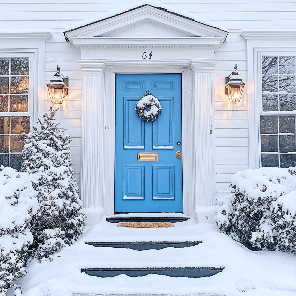 white home exterior with bright blue door