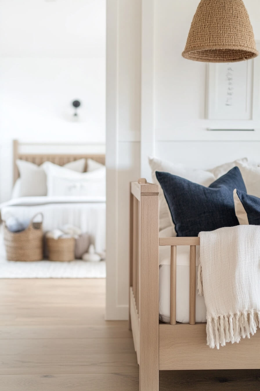 woven shade in a beachy nursery with whitewashed crib