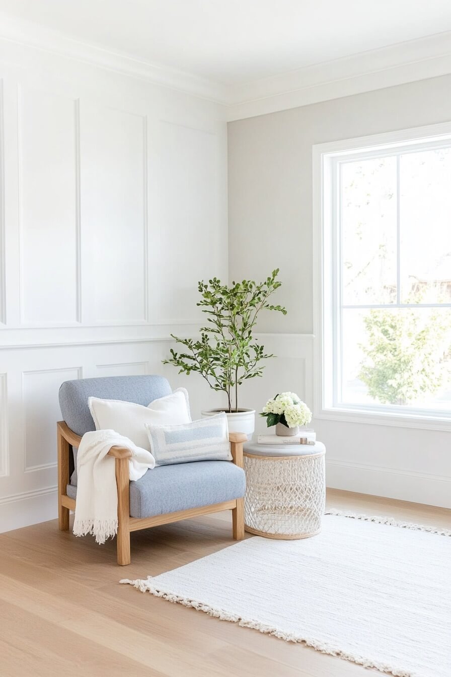 wainscoating in nursery with white walls and blue chair